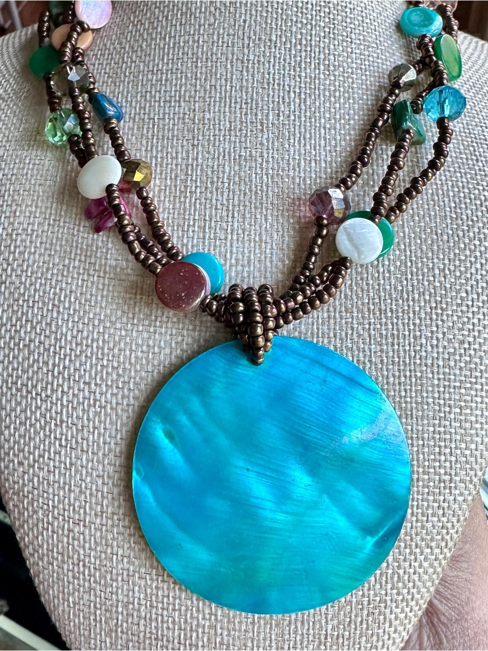 Turquoise Shell Pendant Multi-Strand Copper & Shell Beaded Necklace